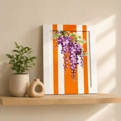 WallXpert ručno slikana uljana slika na platnu YBC11860, ljubičasta glicinija na narandžasto-belim prugama, 26 x 36 cm