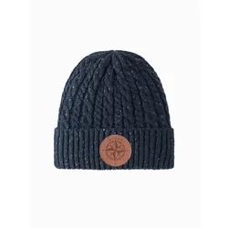 Ombre Mens beanie cap with round embossed patch - navy blue