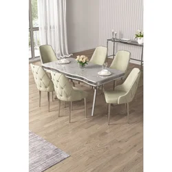 Hanah Home trpezarijski set Vae, sto i 6 stolica, ploča u dekoru belog mermera, hromirane noge, krem tkanina Babyface