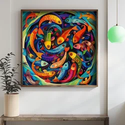 WallXpert uramljena MDF slika DOS003-70, šarene ribe u krugu na tamnoj pozadini, 70 x 70 cm