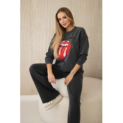 Włoski Cotton set wiped with print sweatshirt + pants Graphite