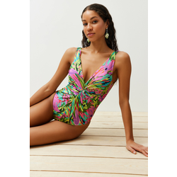 Trendyol Tropical Patterned Deep V Neck Knotted High Leg Regular Swimsuit