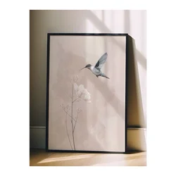 WallXpert uramljena slika 115244, kolibri iznad belog cveta na bež akvarelnoj pozadini, 50 x 70 cm, crni ram