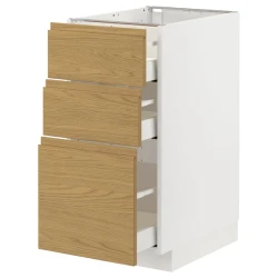 METOD / MAXIMERA Podni element s 3 fioke, bela/Voxtorp im. hrastovine, 40x60 cm