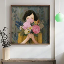 WallXpert uramljena MDF slika DOS017-50, devojka skriva lice iza buketa ružičastog cveća, 50 x 50 cm