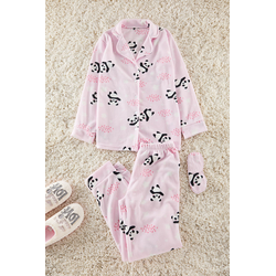 Trendyol Light Pink Panda Patterned Sleep Band Polar Winter Knitted Pajama Set