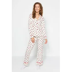 Trendyol Beige 100% Cotton Heart Patterned Shirt-Pants and Knitted Pajamas Set