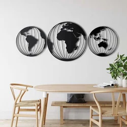 WallXpert metalni zidni ukras 5191, mapa sveta u 3 kružna panela u obliku globusa, 38 / 50 / 38 cm, crni