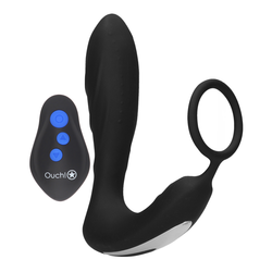 Ouch! E-stim & Vibration Butt Plug & Cock Ring with Remote Black