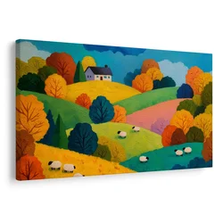 Slika jesenska pokrajina z ovcami - 90x60