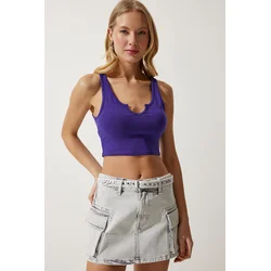 Happiness Istanbul Womens Purple Strap Crop Knitted Blouse