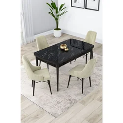 Hanah Home trpezarijski set Lia, sto na razvlačenje i 4 stolice, ploča u dekoru crnog mermera, krem tkanina Babyface