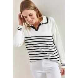 Bianco Lucci Womens Colorful Polo Neck Striped Sweater
