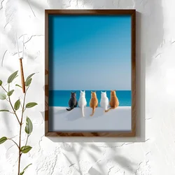 WallXpert uramljena MDF slika NAL074-46, pet mačaka sedi na zidu i gleda u more, 35,5 x 47 cm