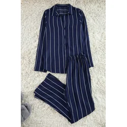 Trendyol Navy Blue Striped Slit Detailed Viscose Shirt-Pants Woven Pajama Set