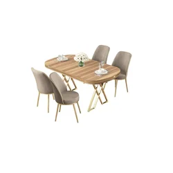 Hanah Home trpezarijski set Lai, sto i 4 stolice, ploča u dekoru Hazar, zlatne noge, kapućino tkanina Babyface