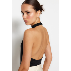 Trendyol Black Standing Neck Low-Cut Back Flexible Knitted Body with Snap Button