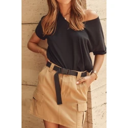 Denim skirt with camel belt