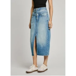Pepe Jeans za ženske. PL901207 Midi krilo iz modrega neraztegljivega jeansa (S), Modra, Priložnostno, Bombaž, Džins, Trajnost