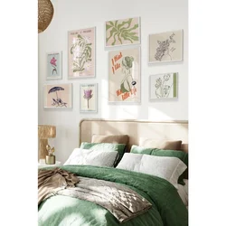 WallXpert set od 8 uramljenih slika Çgs-033, pastelni motivi u roze i zelenoj – cvetovi, ženski portret, suncobran i apstraktne šare, beli ram