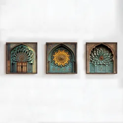 WallXpert set uramljenih MDF slika DOS086-33, orijentalni lukovi sa mandalama u tirkiznoj i zlatnoj boji, 3 x 34 x 34 cm