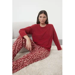 Trendyol Red Leopard Patterned Polar Fleece Knitted Pajama Set