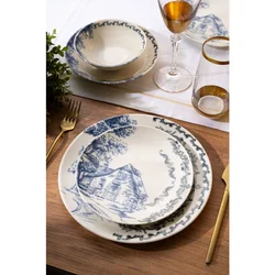 24-delni jedilni komplet, bel/moder, iz porcelana