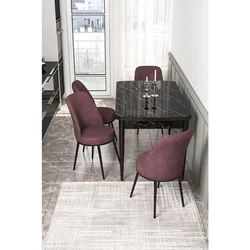 Hanah Home trpezarijski set Via, sto na razvlačenje i 4 stolice, ploča u dekoru crnog mermera, puder roze tkanina Jerry