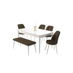 Hanah Home trpezarijski set Pir, sto, 4 stolice i klupa, bela ploča, braon tkanina Babyface
