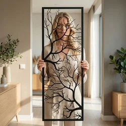 WallXpert metalni zidni ukras 5234, grane drveta u uskom vertikalnom ramu, 34 x 100 cm, crni