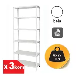 Komplet od tri police metal-metal 180x75x30cm, 6x75kg bela