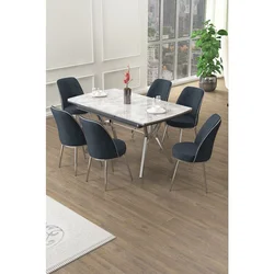 Hanah Home trpezarijski set Poy, sto na razvlačenje i 6 stolica, siva ploča Rampla, hromirane noge, antracit tkanina Babyface