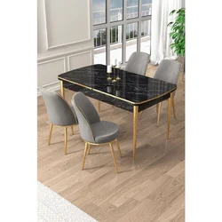 Hanah Home trpezarijski set Pale, sto na razvlačenje i 4 stolice, ploča u dekoru crnog mermera, zlatne noge, siva tkanina Babyface