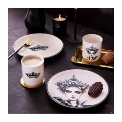 Jedilni set, 4 kosi, črna/bela, porcelan