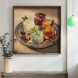 WallXpert uramljena MDF slika DOS043-50, kokteli sa voćem na srebrnom poslužavniku, 50 x 50 cm