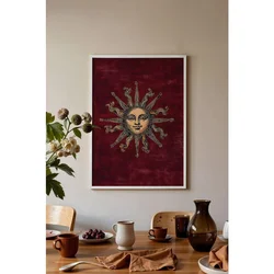 WallXpert uramljena slika 115256, zlatno sunce sa licem na bordo pozadini, 50 x 70 cm, beli ram