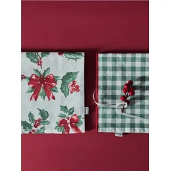 Sinsay - Pamučne božićne kuhinjske krpe na kockice i s božikovinom 2 pack - plavozeleno