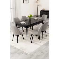Hanah Home trpezarijski set Rax, sto na razvlačenje i 6 stolica, ploča u dekoru crnog mermera, siva tkanina Babyface