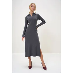Trend Alaçati Stili Womens Anthracite Polo Collar Half Placket Side Slit Interlock Fabric Dress