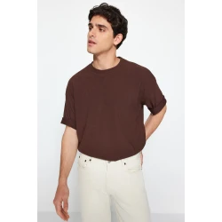 Trendyol Brown Premium Oversize Crew Neck Short Sleeve Textured Ottoman T-Shirt