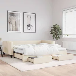 Vidaxl Izvlečna dnevna postelja s predali krem 100x200 cm blago