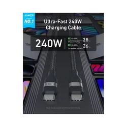 USB tip-C kabl M/M 1.8m, za Super brzo punjenje 240W/480Mbps, pleteni, crni