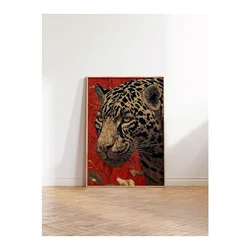 WallXpert uramljena slika 115273, leopard i cveće na crvenoj pozadini, 50 x 70 cm, ram u boji prirodnog drveta