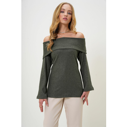 Trend Alaçati Stili Womens Khaki Madonna Collar Interlock Fabric Blouse