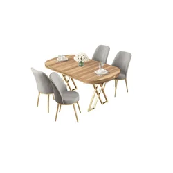 Hanah Home trpezarijski set Lai, sto i 4 stolice, ploča u dekoru Hazar, zlatne noge, siva tkanina Babyface