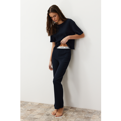 Trendyol Navy Blue Slogan Printed Rubber Detailed Corded Cotton T-shirt-Pants Knitted Pajamas