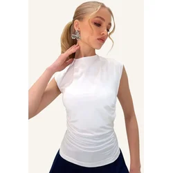Trend Alacati Stili Ženska bluza bez rukava Alc-X13452, Okrugli izrez, Bela
