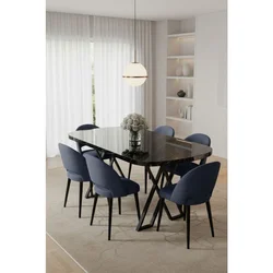 Hanah Home trpezarijski set Arvon, sto i 6 stolica, ploča u dekoru crnog mermera, antracit tkanina Babyface