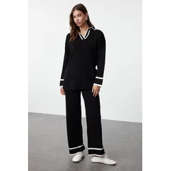 Trendyol Black Ecru Piping Knitwear Sweater Trousers Bottom-Top Set