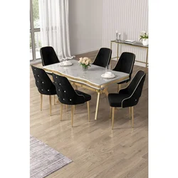 Hanah Home trpezarijski set Vae, sto i 6 stolica, ploča u dekoru belog mermera, zlatne noge, crna tkanina Babyface